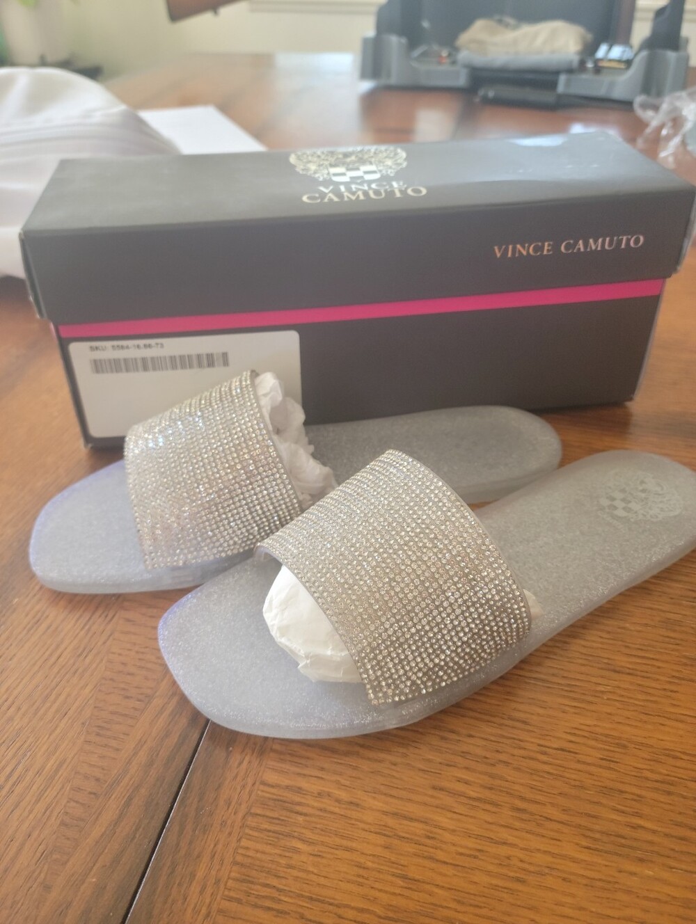 Vince Camuto Silver Crystal-Embellished Slide Sandals
